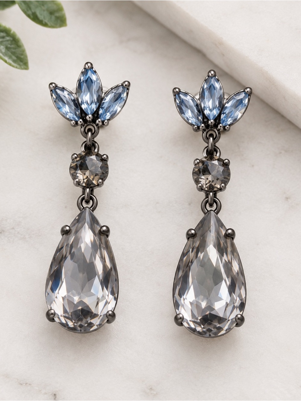 Avon Smoky Crystal Teardrop Earrings with Gunmetal Accents